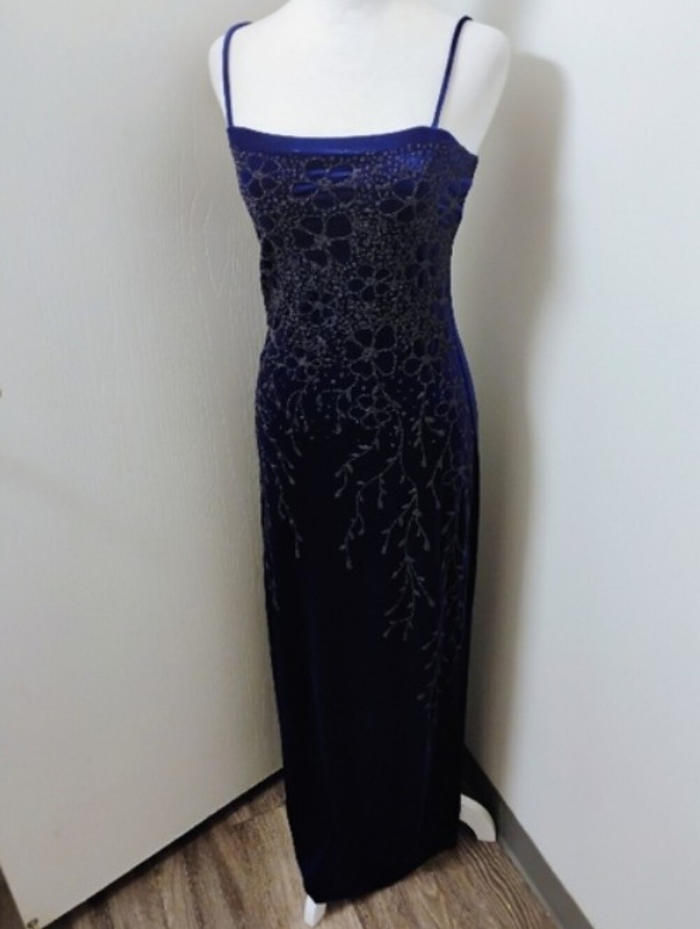 Vintage 1990s Seed Beaded Floral Velvet Maxi Spaghetti Strap Dress Gown